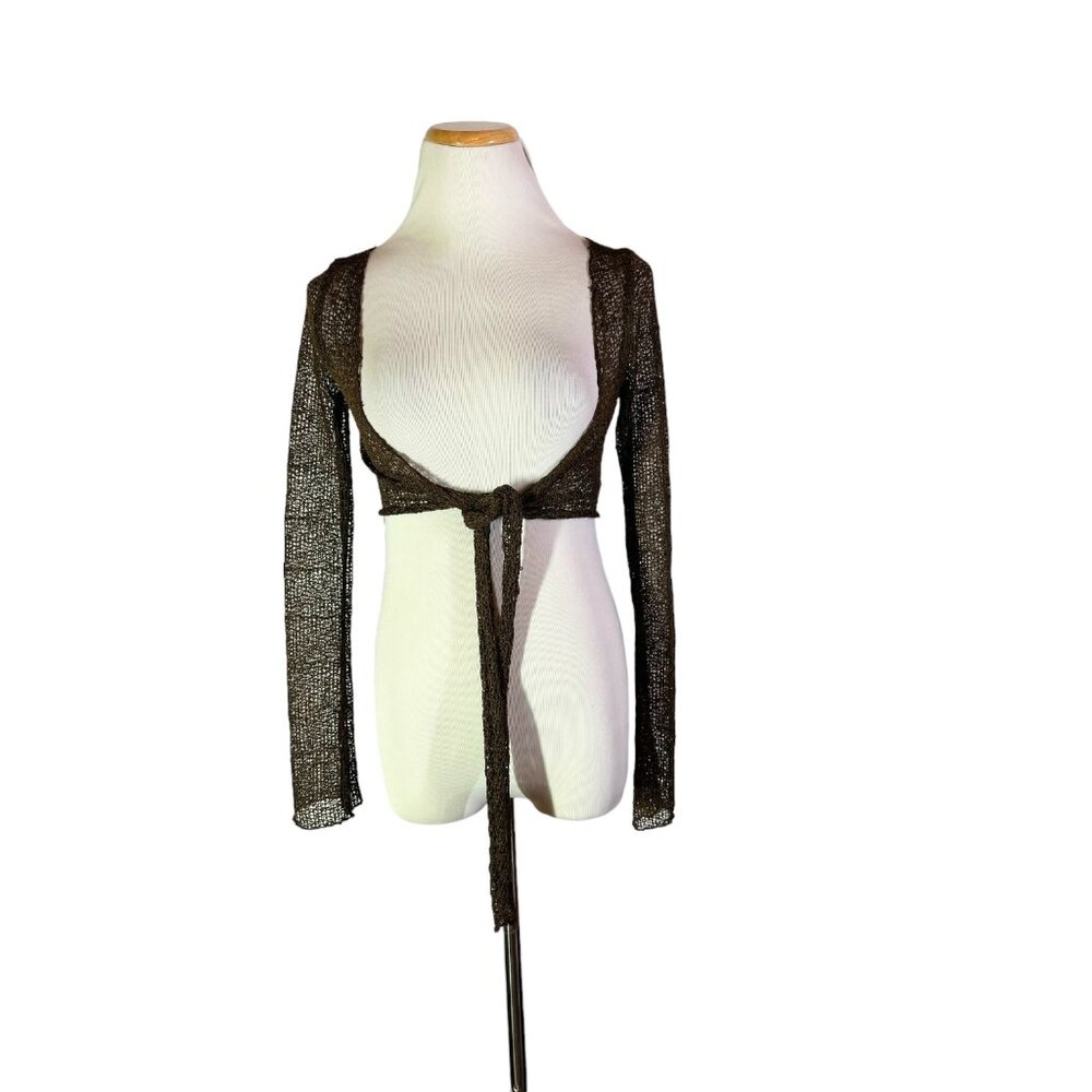 Urban Renewal Size XS Brown Open Knit Cropped Cardigan Sweater Wrap Tie - Picture 2 of 15